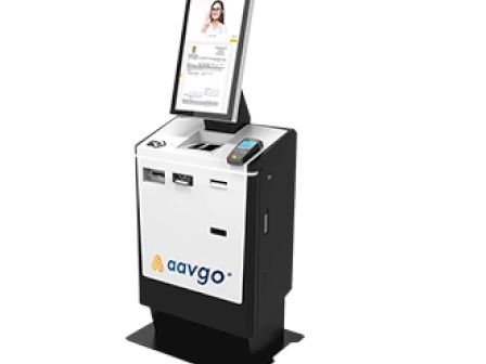 A self-service kiosk with a touchscreen, card reader, and the logo 