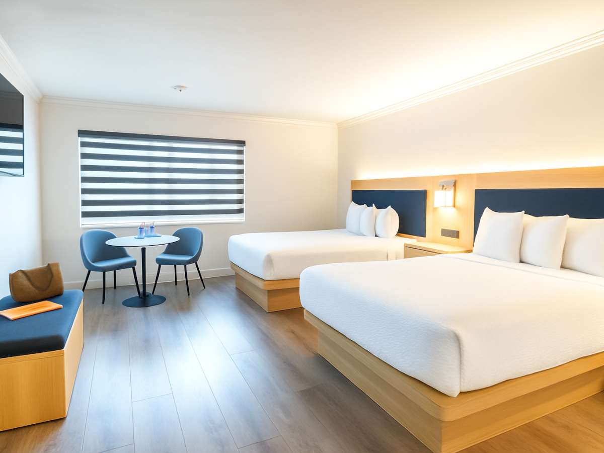 A modern hotel room with two beds, a small table with chairs, a bench with a bag, and a TV on the wall, featuring stylish decor.