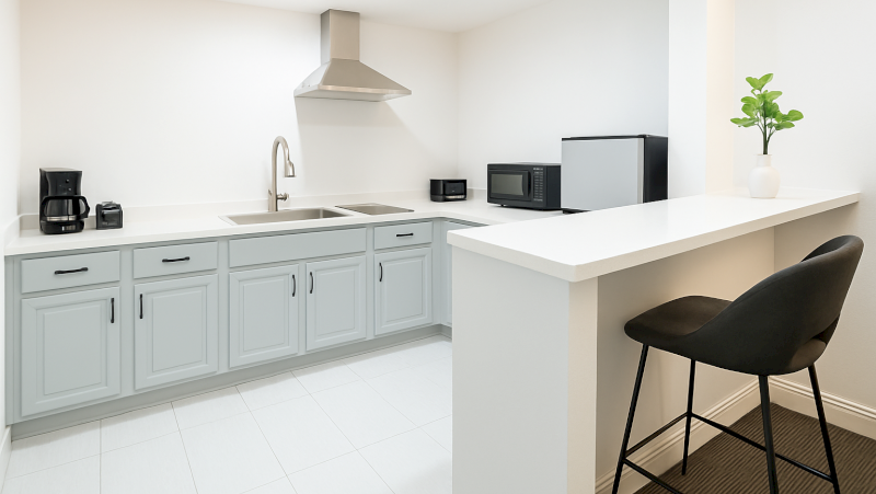 A small kitchenette with white countertops, gray cabinets, and black appliances.
