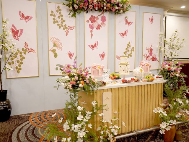 A decorated table with food and flowers in a meeting room