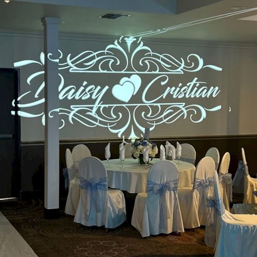 This image shows a wedding reception setup with 