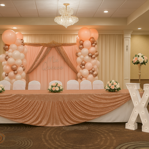 A decorated event space with balloons, flowers, draped table, and illuminated "XV" letters, indicating a Quinceañera celebration.