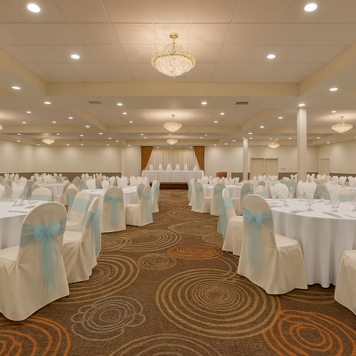 A decorated banquet hall with round tables, white tablecloths, and chairs adorned with blue sashes, under elegant chandeliers.