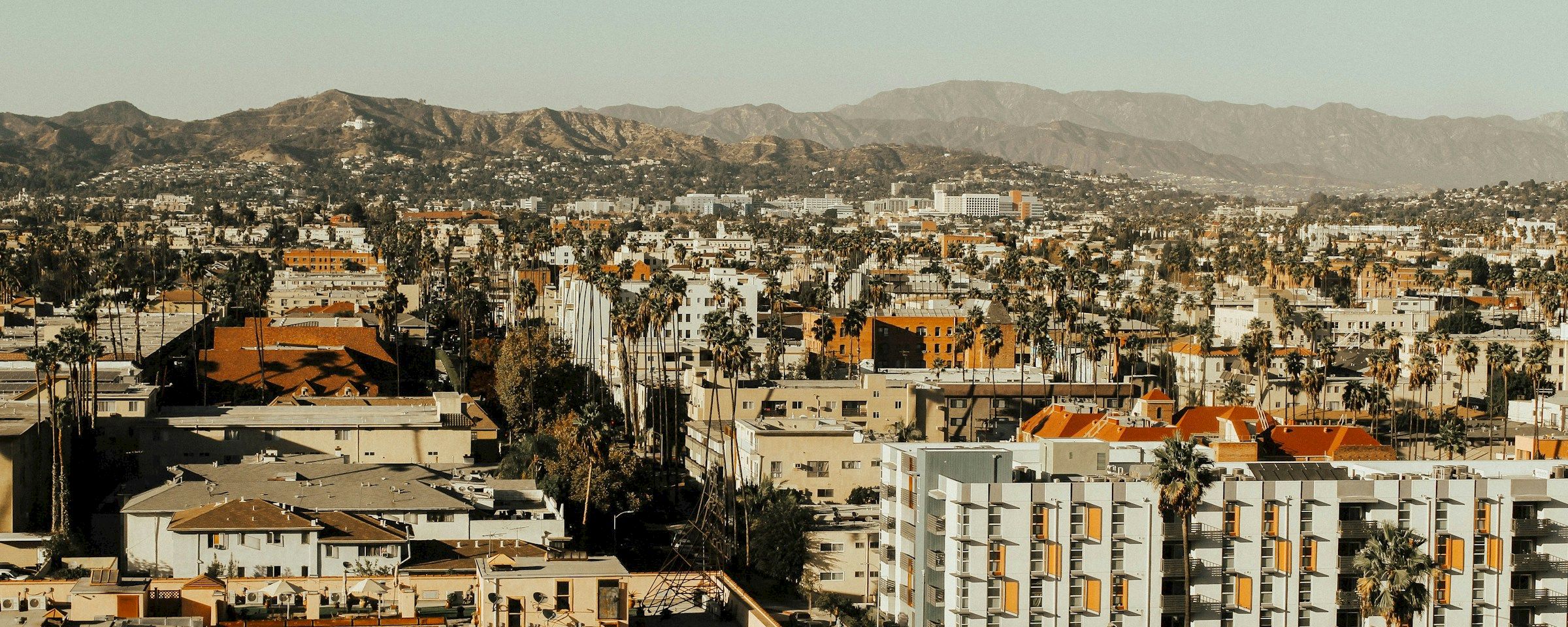 A cityscape view with buildings, palm trees, and mountains in the background.
