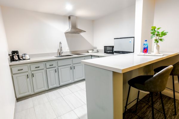 A modern kitchen with grey cabinets, stainless steel appliances, and a small breakfast bar with two stools. A potted plant and a water bottle.