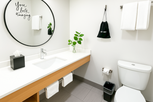 A modern bathroom features a round mirror, sink, plant, towels, toilet, black bag, tissue box, and "You look amazing" decal on the wall.
