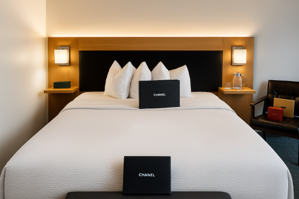 A bed with white pillows and a Chanel box, nightstands with modern lights, and a chair with boxes beside it.