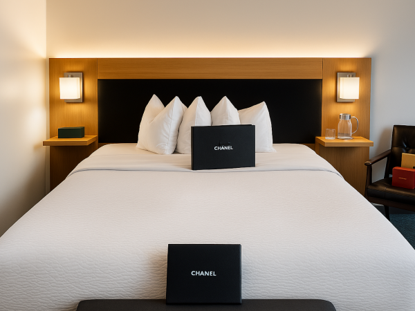 A bed with white pillows and a Chanel box, nightstands with modern lights, and a chair with boxes beside it.