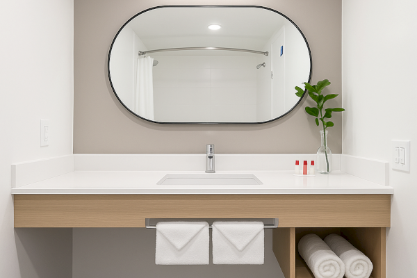 A modern bathroom vanity with an oval mirror, sleek sink, and minimal decor, including neatly rolled towels and a small plant in a glass vase.