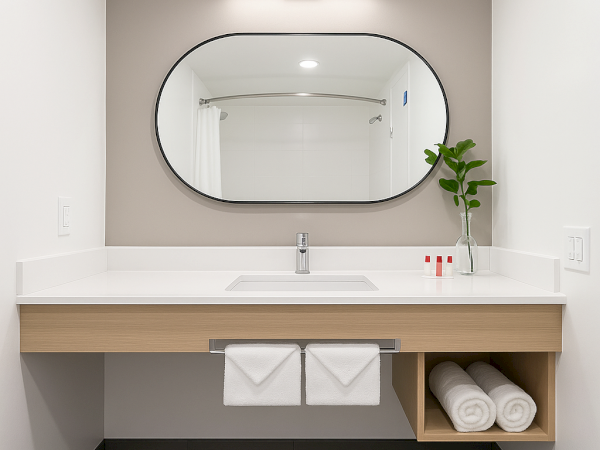 A modern bathroom vanity with an oval mirror, sleek sink, and minimal decor, including neatly rolled towels and a small plant in a glass vase.