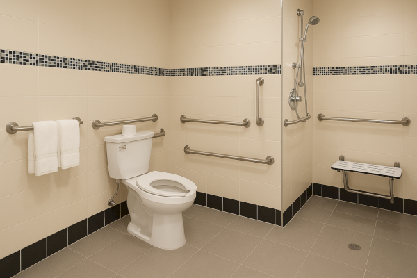 An accessible bathroom with a toilet, shower, grab bars, a foldable shower seat, and tiled walls, designed for ease and safety.