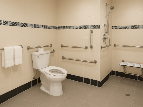 An accessible bathroom with a toilet, shower, grab bars, a foldable shower seat, and tiled walls, designed for ease and safety.
