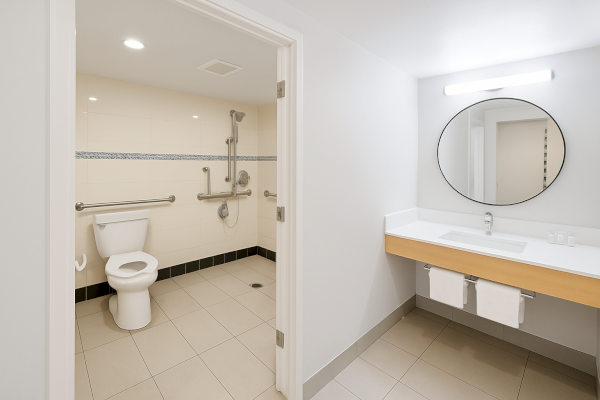 An accessible bathroom with a toilet, grab bars, a shower area, and a vanity with a circular mirror and lights.