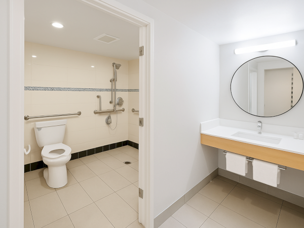 An accessible bathroom with a toilet, grab bars, a shower area, and a vanity with a circular mirror and lights.