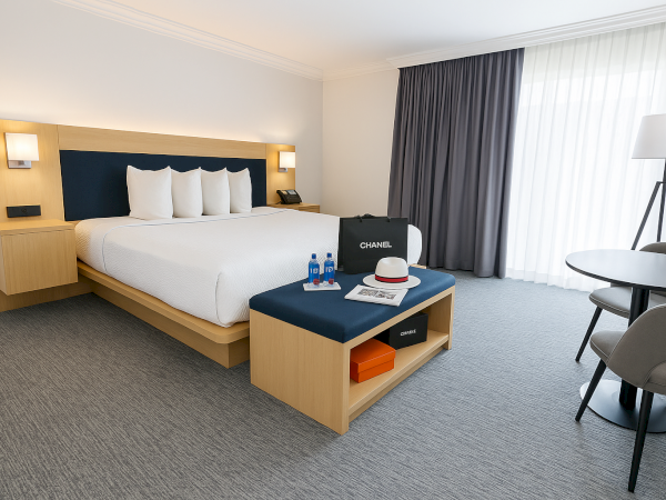 A modern hotel room with a large bed, side tables, a bag, and a hat on a bench, plus a table and chairs near the window.