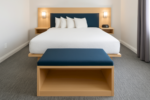 A neatly made bed with four pillows, flanked by wall-mounted lights, and a matching bench at the foot in a minimalist room.