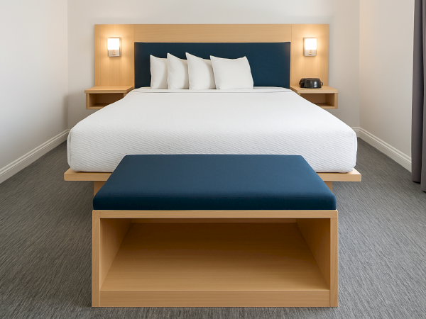 A neatly made bed with four pillows, flanked by wall-mounted lights, and a matching bench at the foot in a minimalist room.