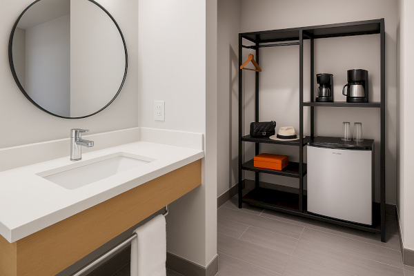 A bathroom with a round mirror, sink, towel, and shelving including a mini-fridge, coffee maker, hat, and bag.