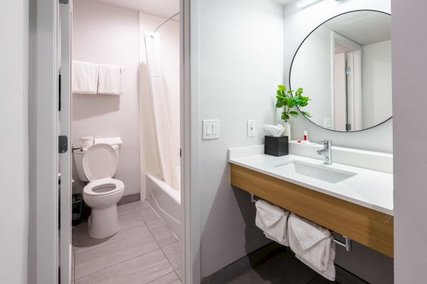 The image shows a modern bathroom with a sink, mirror, and a separate area with a toilet and bathtub.