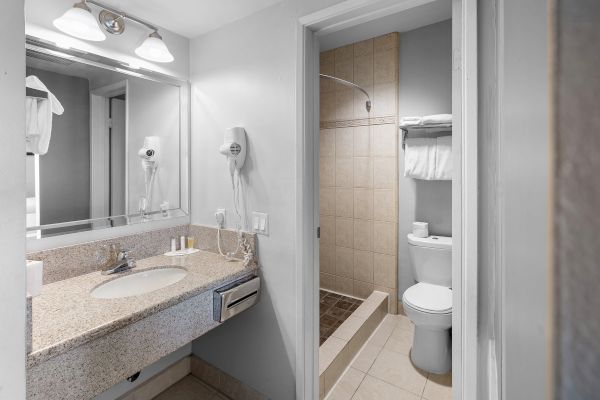 A well-lit bathroom with a large mirror, sink, hairdryer, and toiletries, next to a compact toilet and shower with towels on a shelf above.