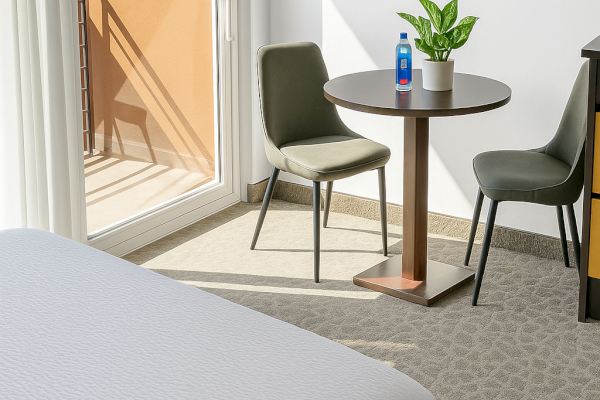 A modern room with a bed, a small round table with a plant, a water bottle, two chairs, and a sunny window with a balcony view.