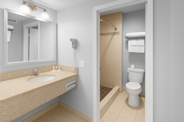 A modern bathroom with a sink, mirror, hairdryer, and toiletries; features a shower, toilet, and neatly folded towels.