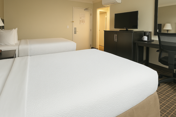 The image shows a hotel room with two beds, a TV on a cabinet, a desk with a chair, and a mirror on the wall.