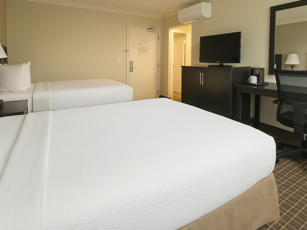 The image shows a hotel room with two beds, a TV on a cabinet, a desk with a chair, and a mirror on the wall.