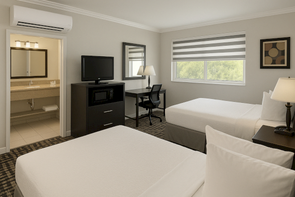 A hotel room with two beds, a TV, desk, chair, lamp, air conditioner, and a view outside. The bathroom is visible through an open door.