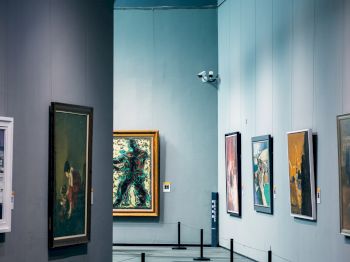 A museum hallway displaying various paintings on the walls, with a few ropes guiding the path for visitors.