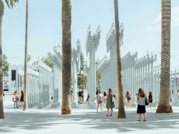 People walk among a sculpture of numerous street lamps, with palm trees in the foreground and a clear sky.