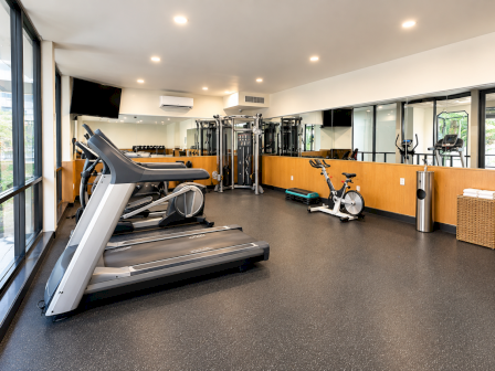 A modern gym room with treadmills, an exercise bike, and weight machines under bright ceiling lights.